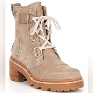 Sorel Joan Now Lace Up Suede Taupe Lug Sole Heeled Boots 7